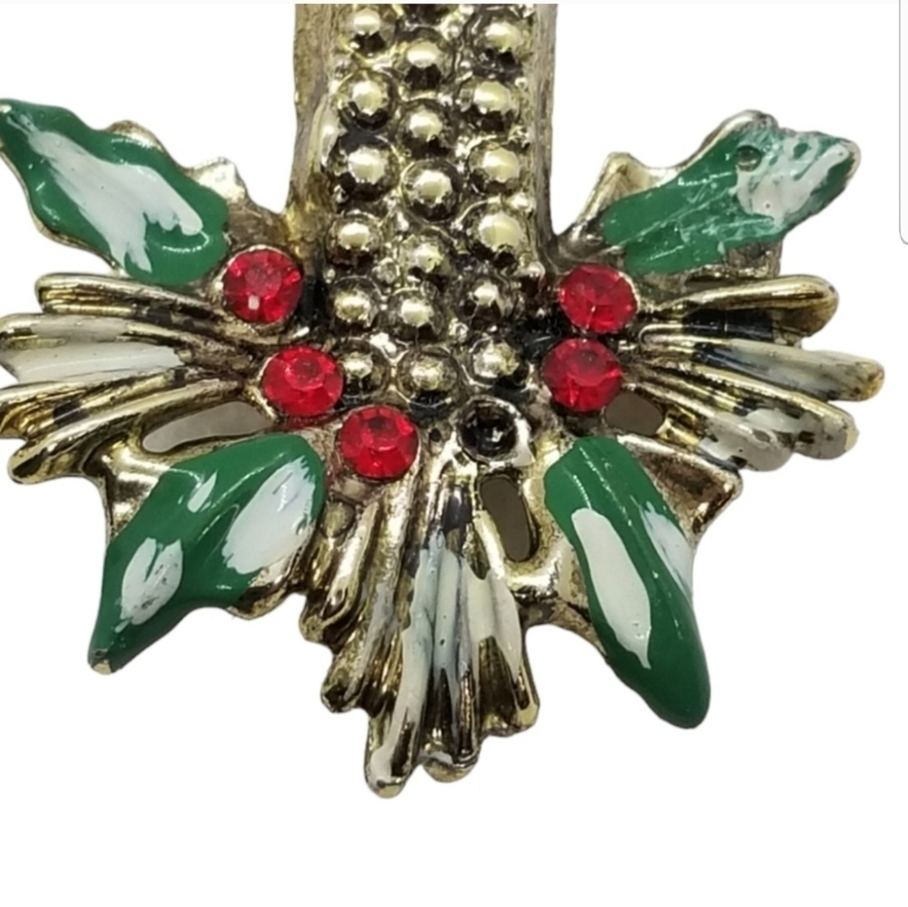 VINTAGE GOLDTONE WITH ENAMEL & RHINESTONES CHRISTMAS CANDLE PIN - Picture 2 of 4